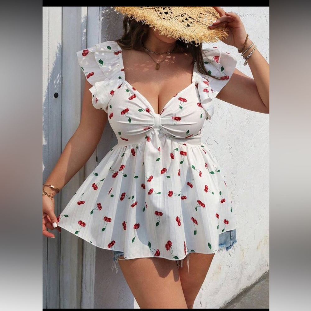 Retro White red cherry print babydoll top
